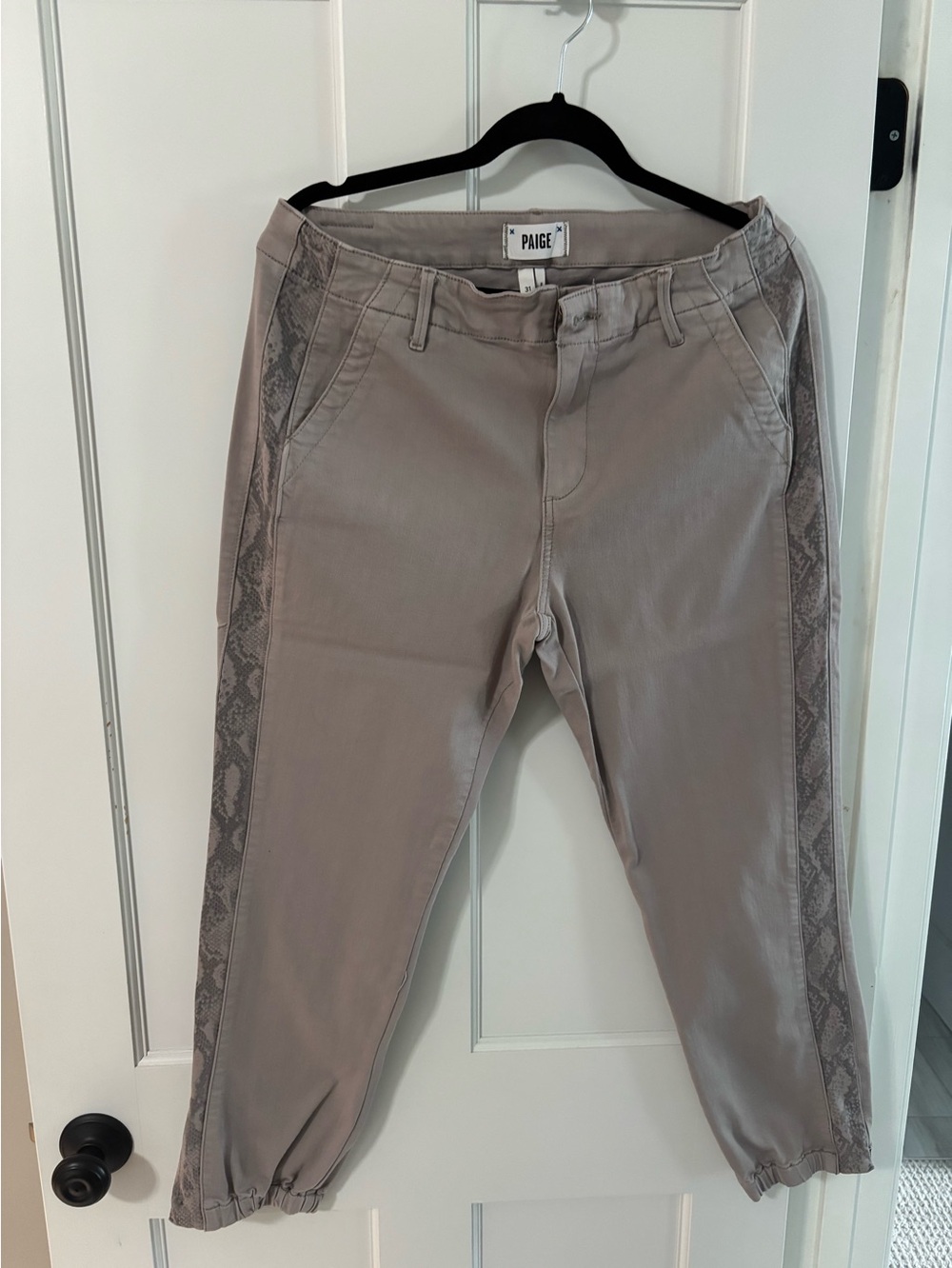 PAIGE Women’s Taupe Jogger Pants with Snake-Print Side Panel cargo style